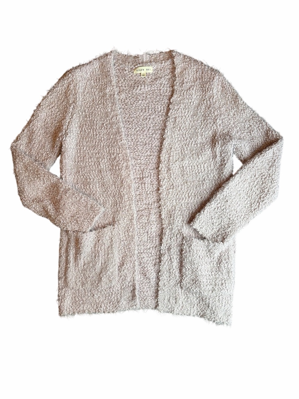 Byron Bay Bouclé Cardigan Cozy Open Front Minimalist Soft Beige Lilac S/M NWOT